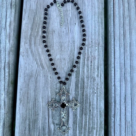 Statement Cross Necklace Floral Design Cross Goth Large Black Crystal Unisex New - Picture 6 of 11